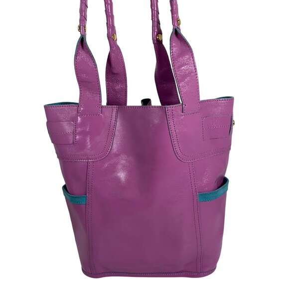 B Makowsky Purple Patent Leather Teal Suede Trim Tote Handbag Weekender Bag - Picture 2 of 14